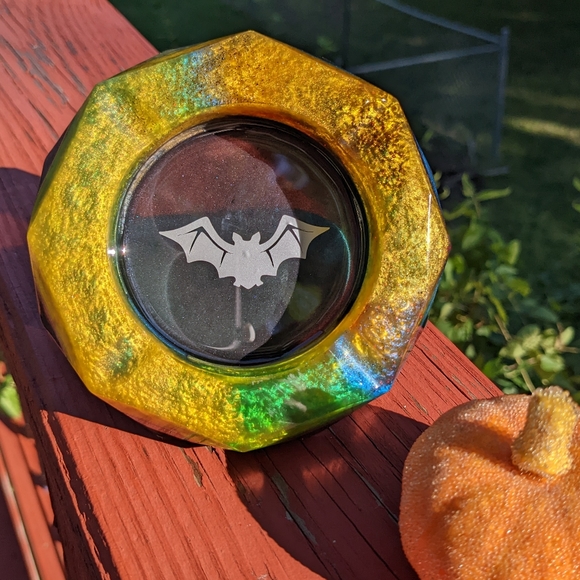 Bat Sage Burn Bowl Resin Art Handmade Chunky Gold Black Ashtray Artisan Goth - Picture 4 of 7